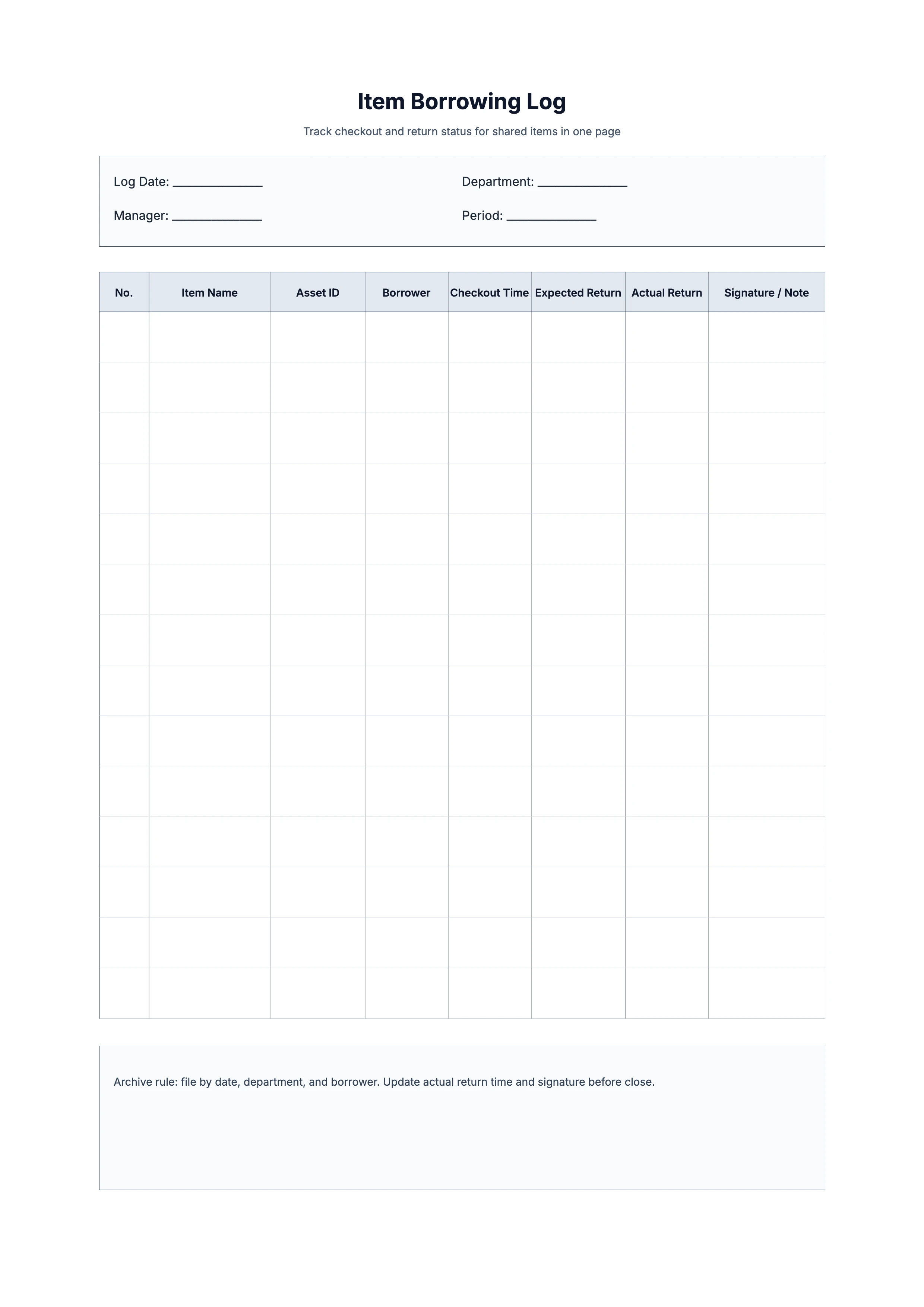 Free Item Borrowing Log Template - Checkout and Return Sheet