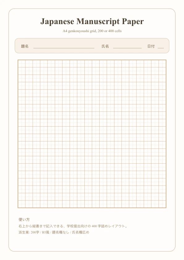 Free Japanese Manuscript Paper Template - 200/400 Cell Layout