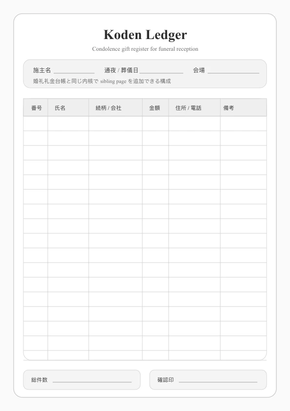 Free Koden Ledger Template - Condolence Gift Register