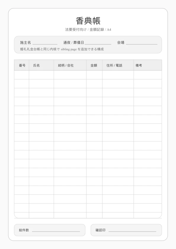 無料香典帳テンプレート - 記録と確認欄を1ページ管理