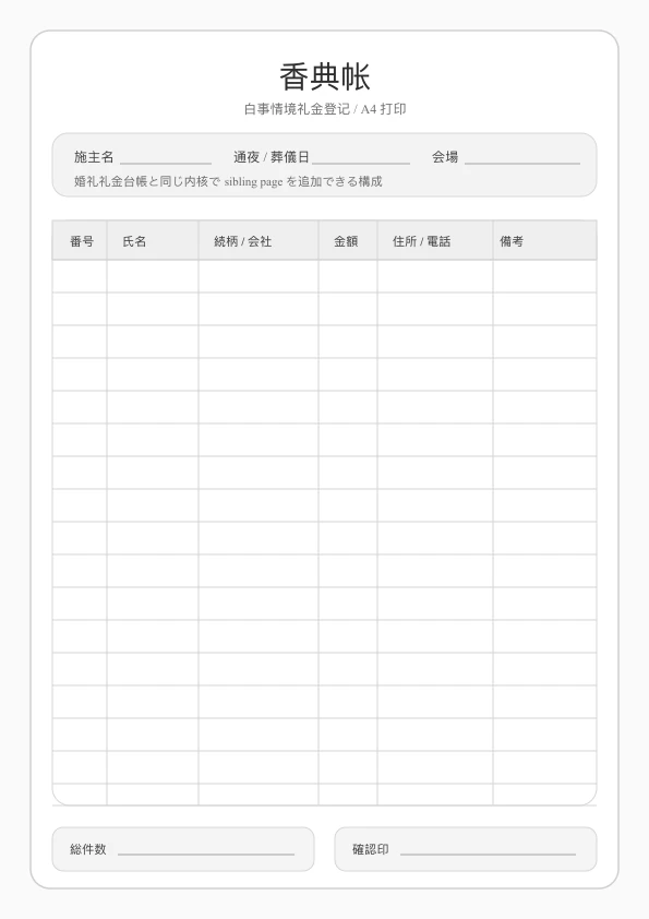免费香典帐模板 - 奠仪簿登记与确认栏同页