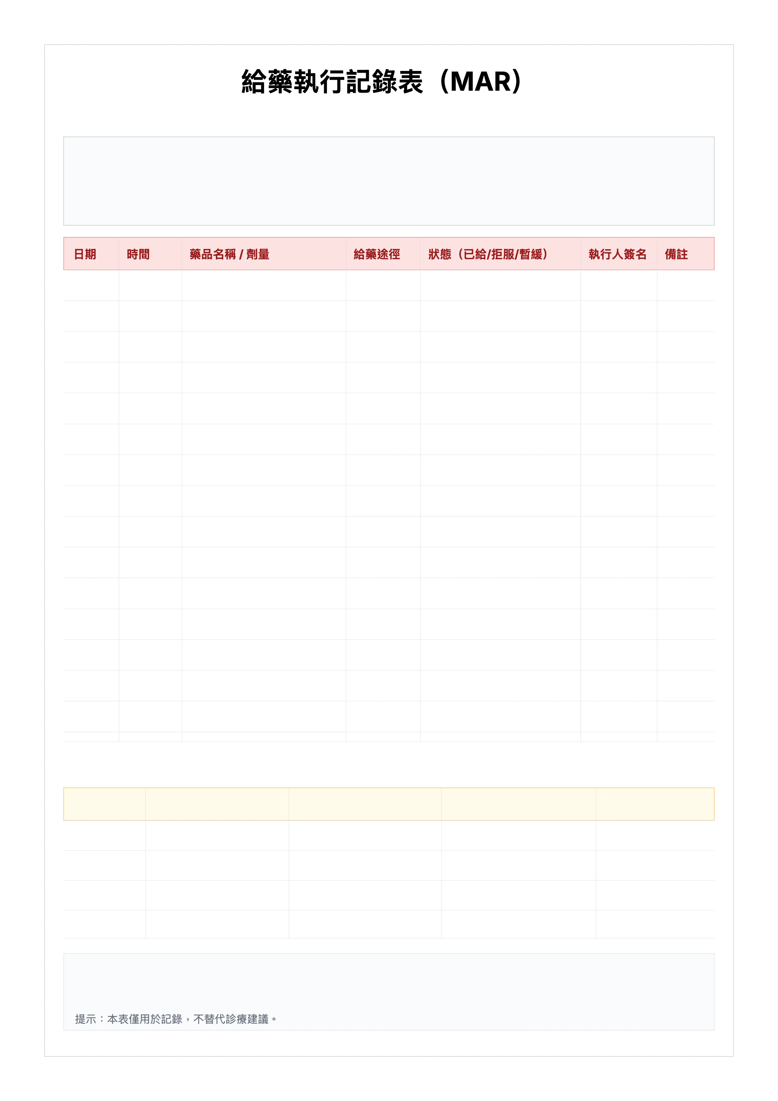 免費給藥執行記錄表 MAR 範本 - 護理給藥紀錄列印