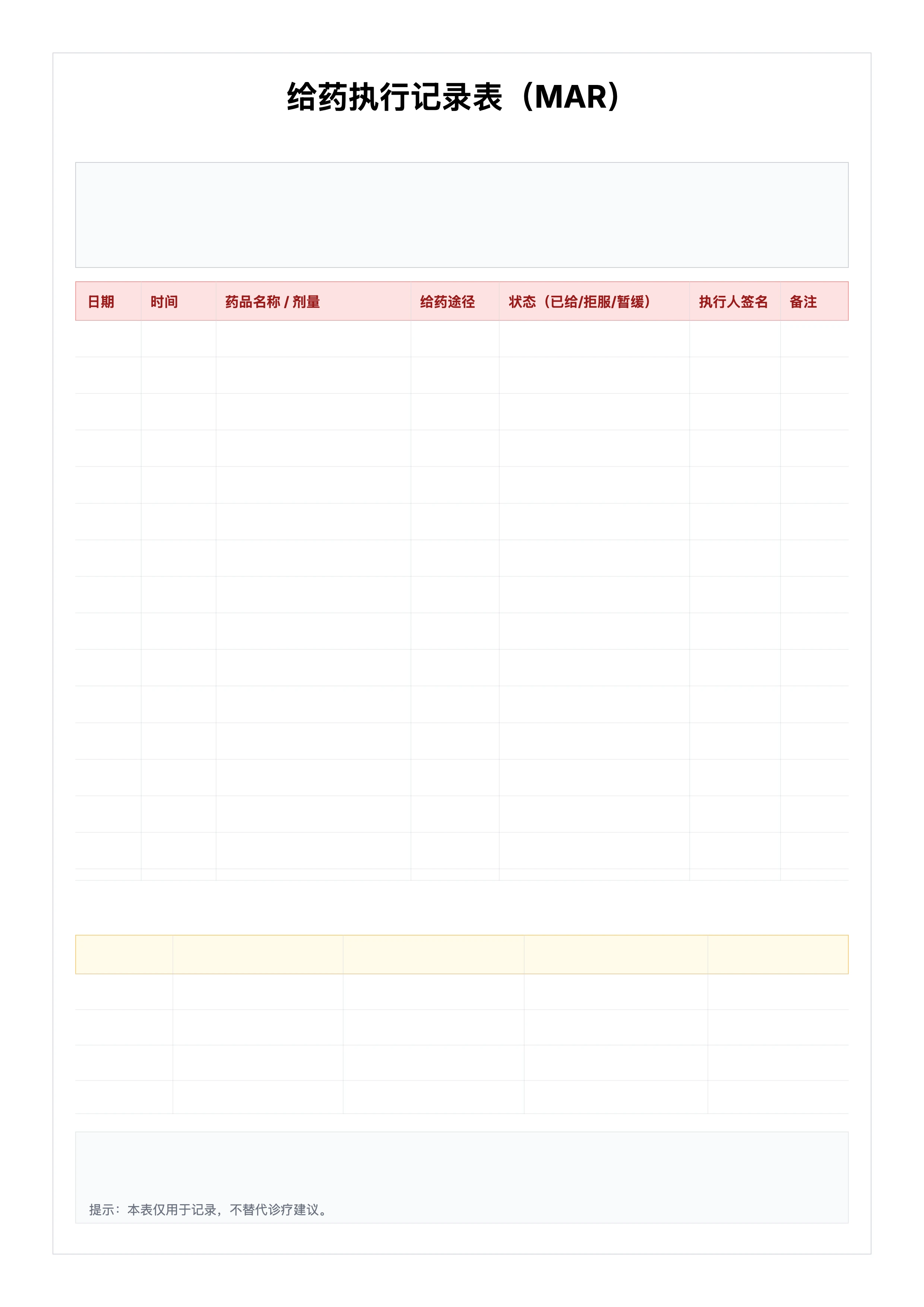 免费给药执行记录表 MAR 模板 - 医疗护理给药记录打印