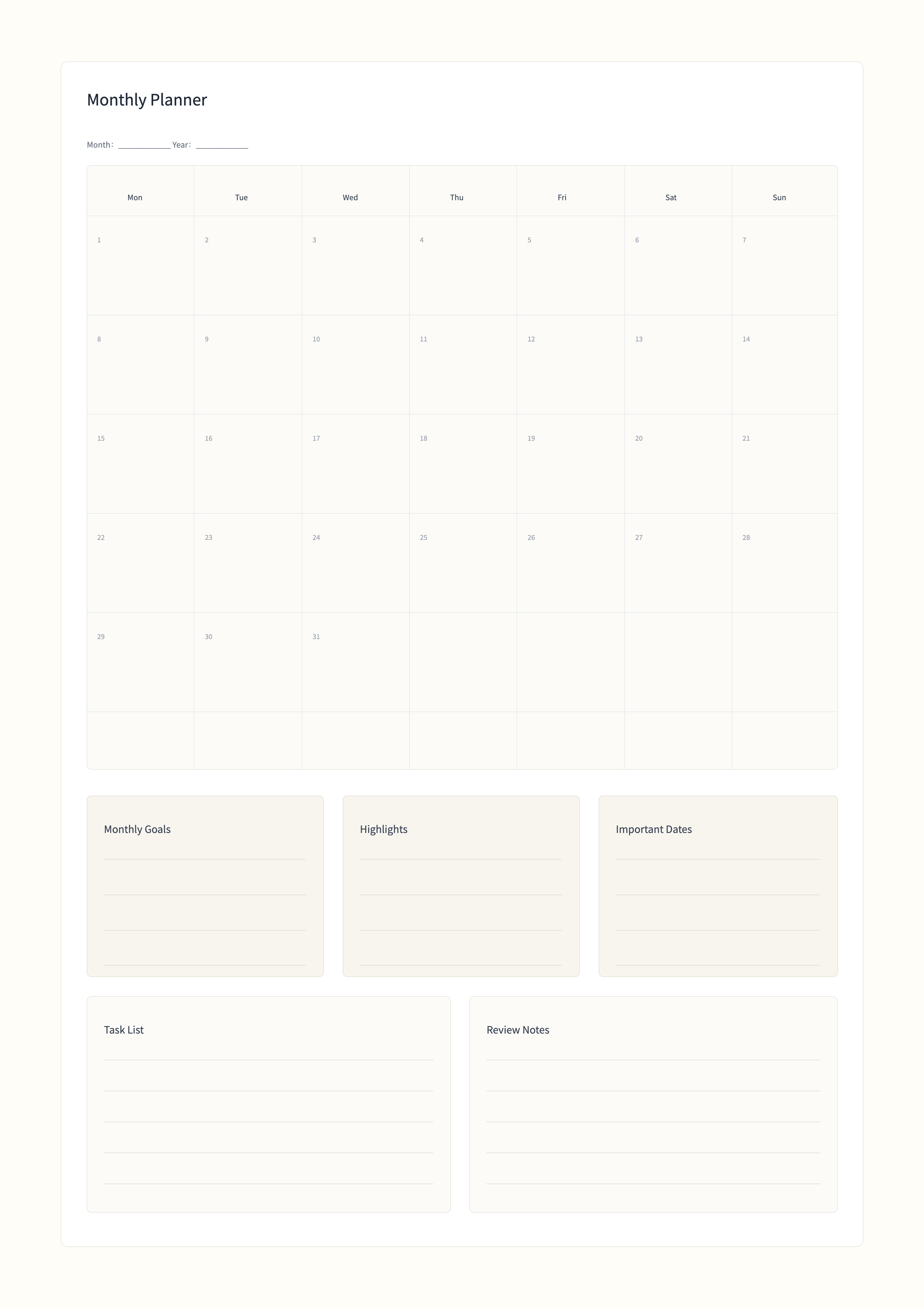 Free Monthly Planner Template - Calendar, Goals, Tasks, and Review