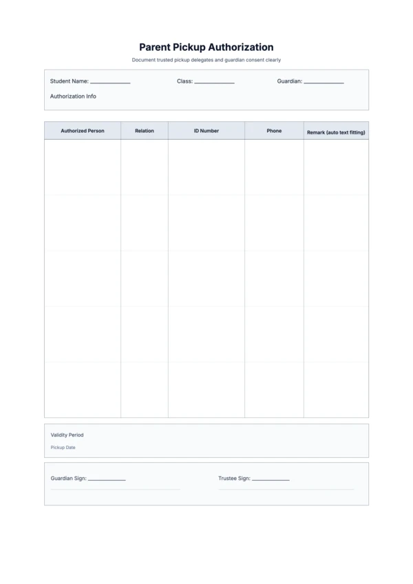 Free Parent Pickup Authorization Template - School Guardian Delegation Form