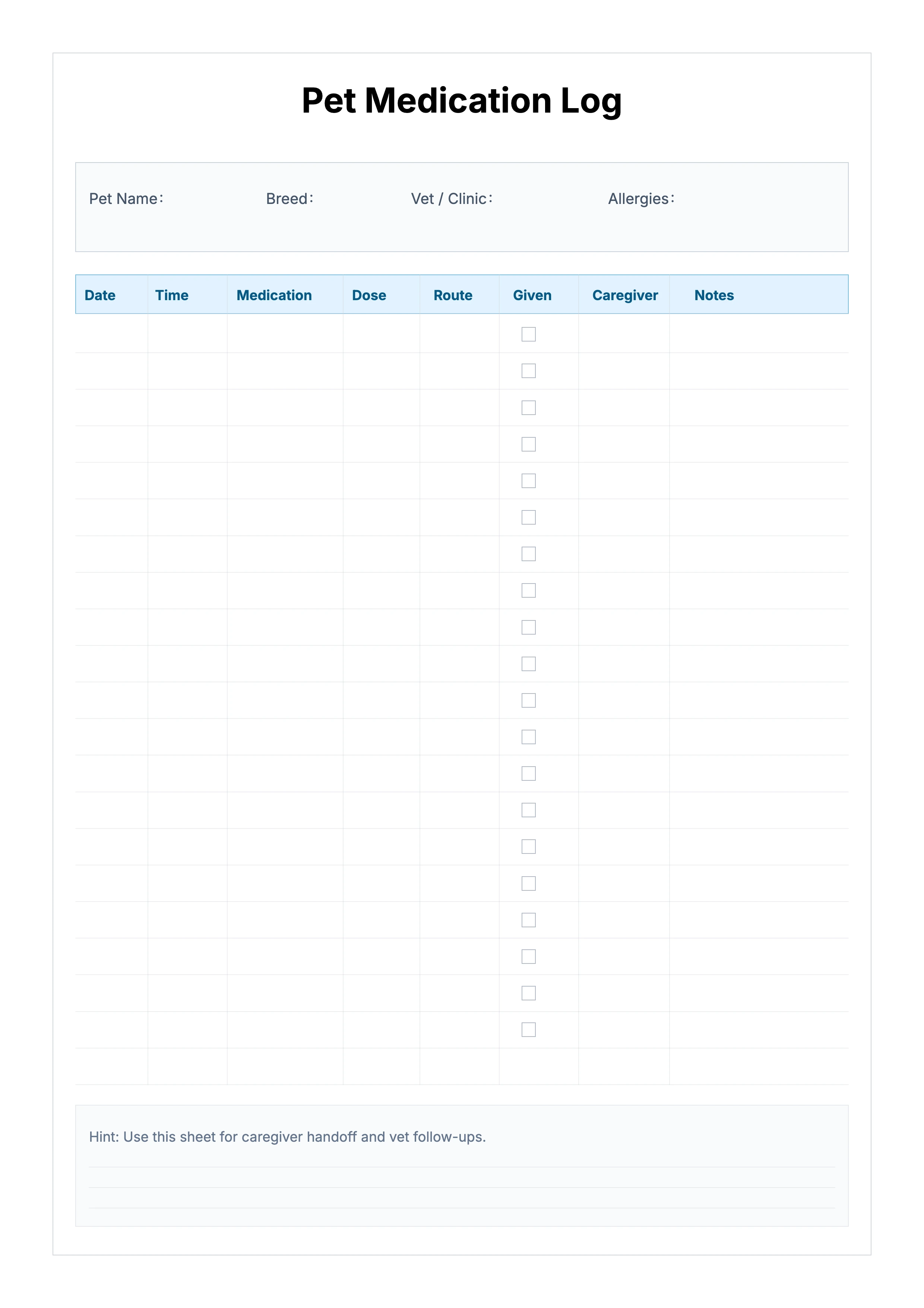 Free Pet Medication Log Template - Dosing Tracker for Caregiver Handoff