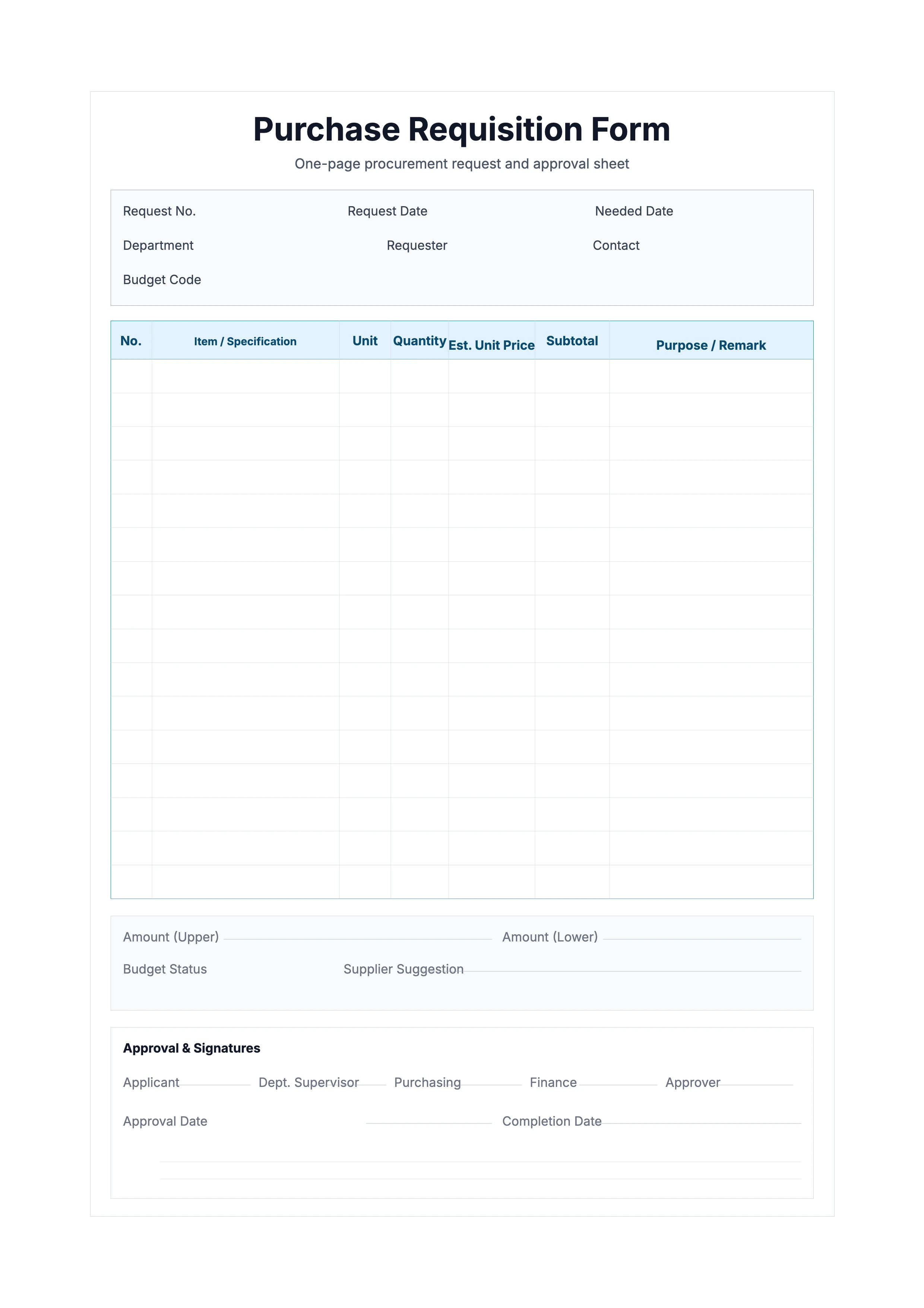 Free Purchase Requisition Form - Procurement Approval Sheet