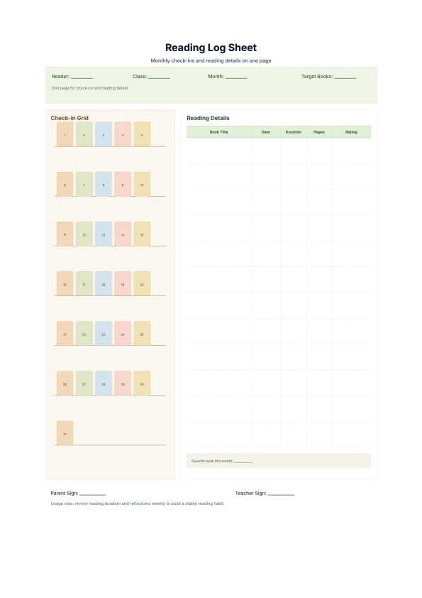 Free Reading Log Sheet Template - Check-in and Detail Tracker