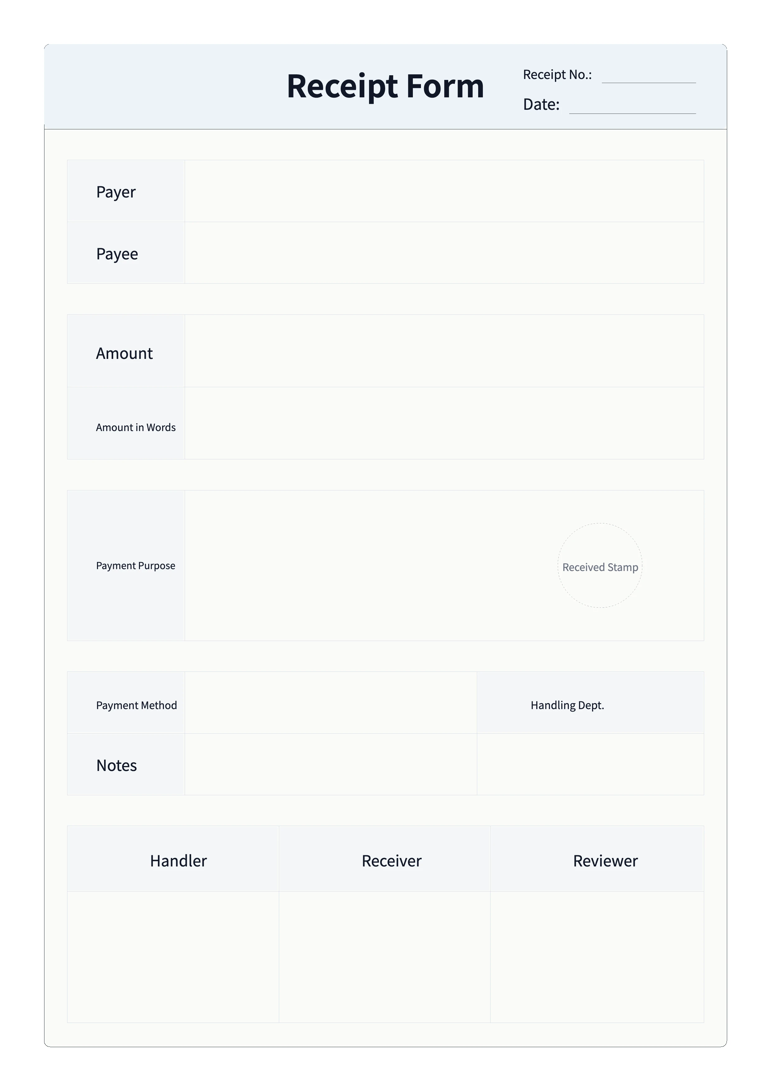 Free Receipt Form Template - Payment Record and Signature Sheet