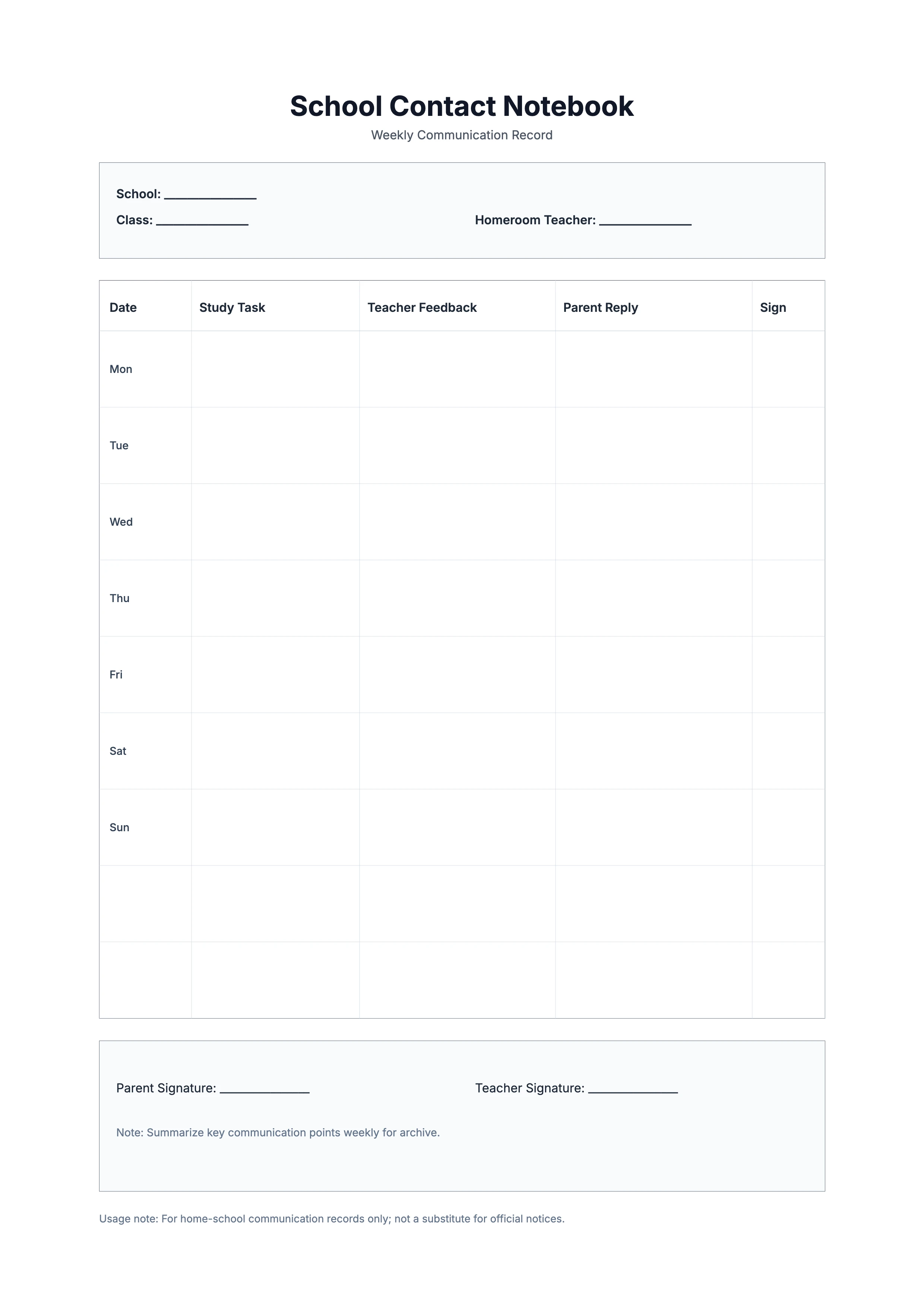 Free School Contact Notebook Template - Weekly Home-School Communication Sheet