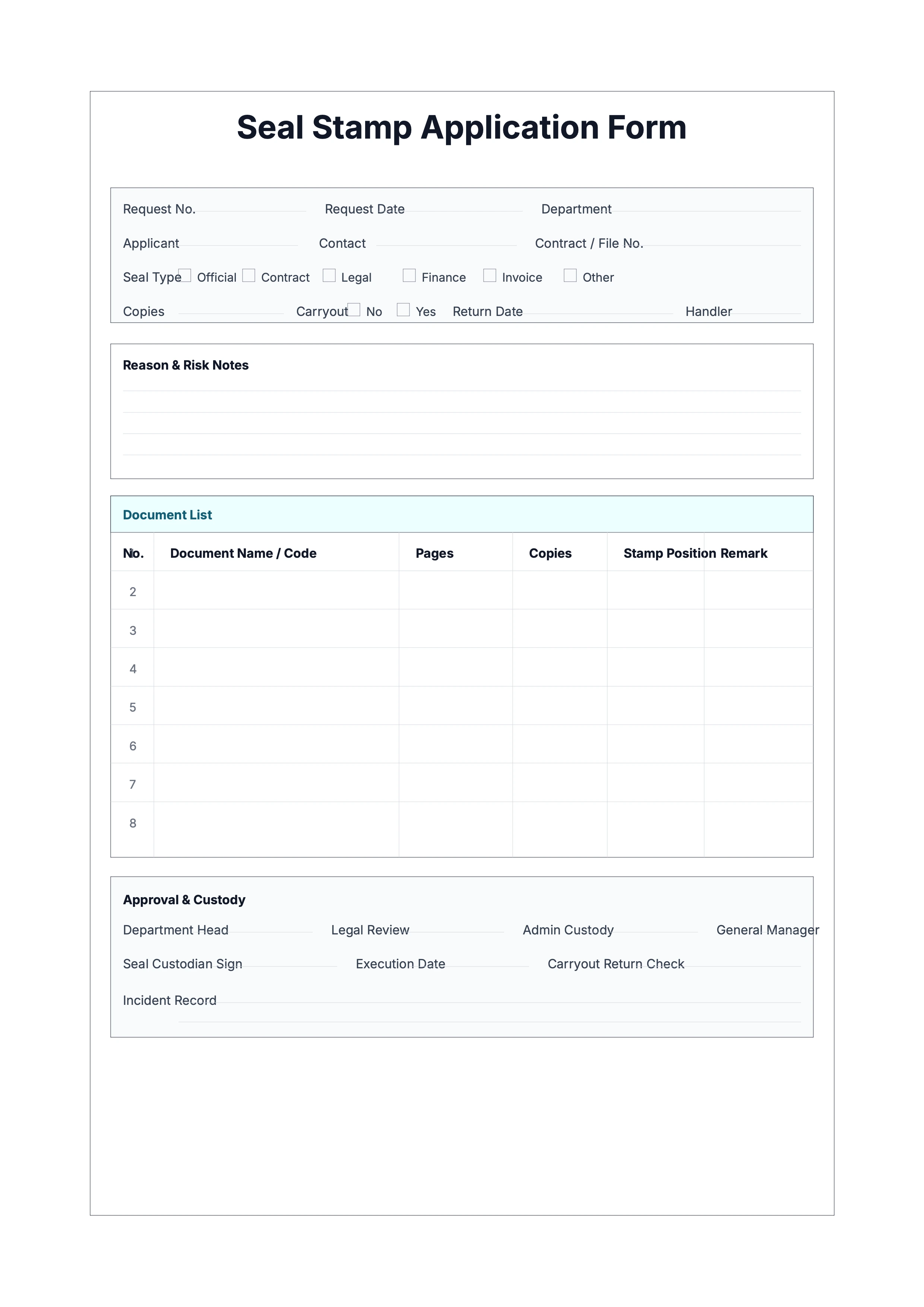Free Seal Stamp Application Form - Stamp Approval & Custody