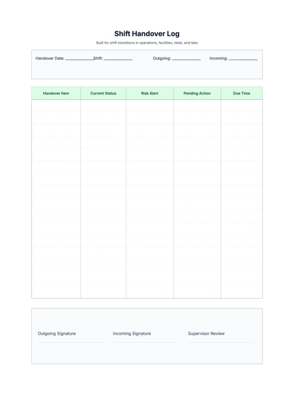 Free Shift Handover Log Template - Printable Duty Transfer Sheet