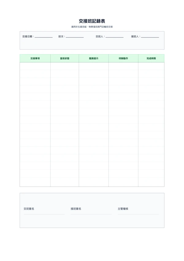 免費交接班記錄表範本 - 班組交班追蹤列印