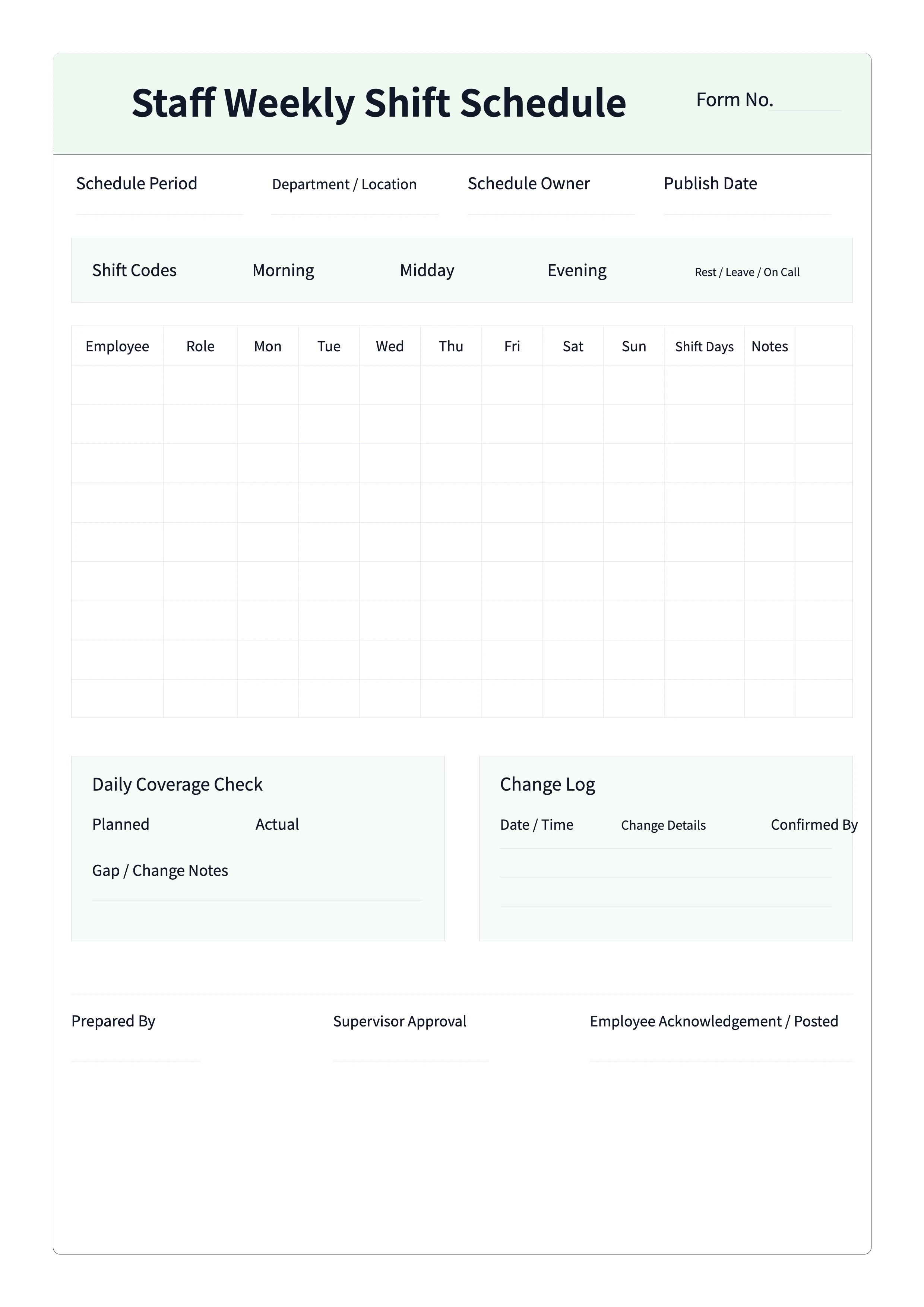 Free Staff Weekly Shift Schedule - Printable Roster