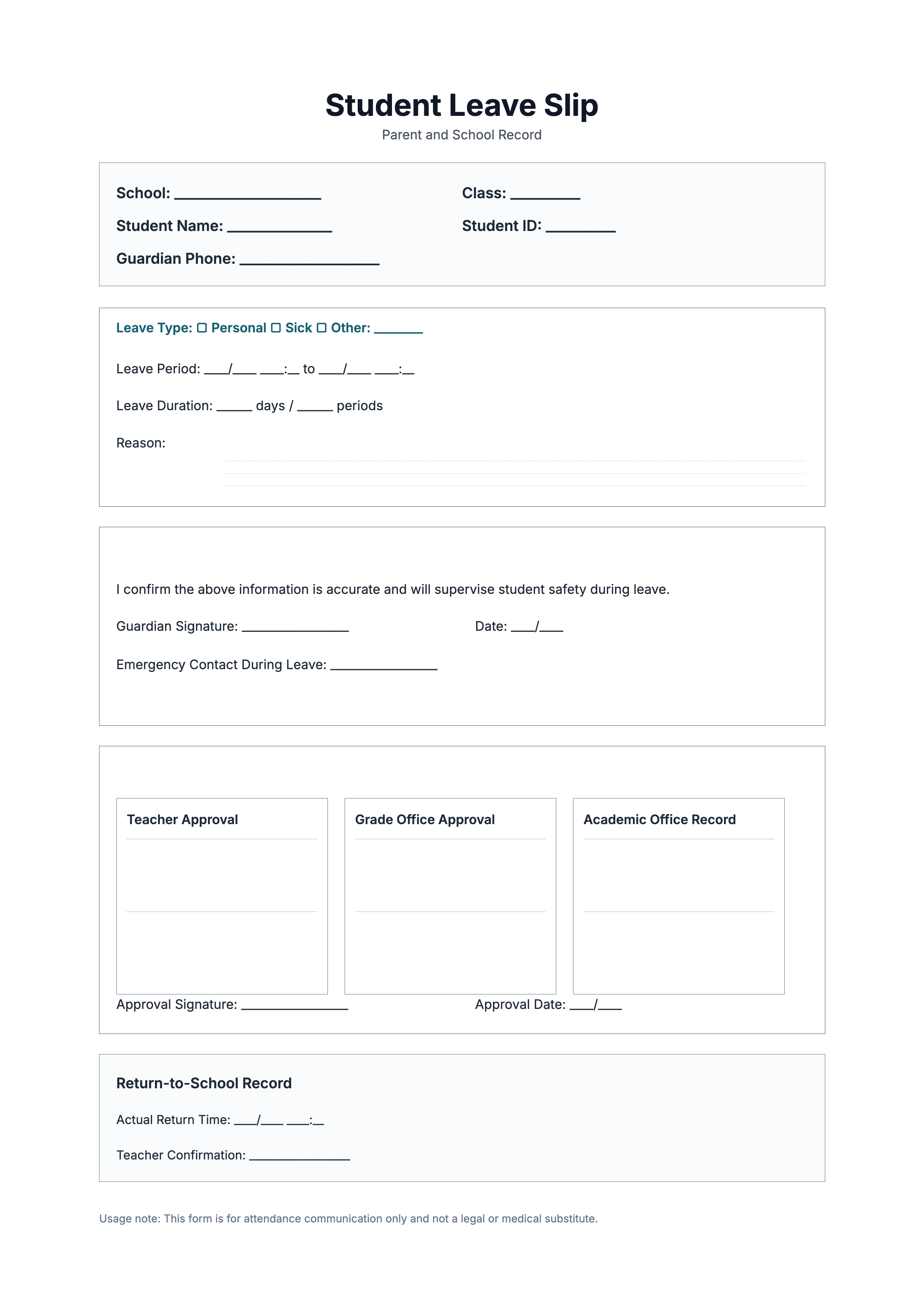 Free Student Leave Slip Template - School Absence Request and Return Record