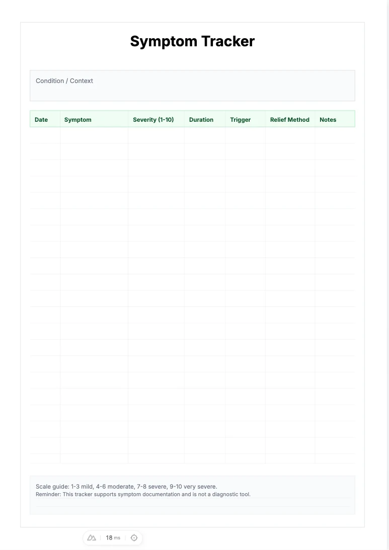 Free Symptom Tracker Template - Severity Log Printable