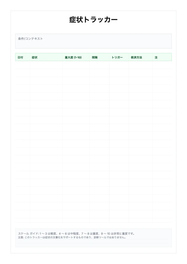 無料の症状追跡テンプレート - 重大度ログの印刷可能