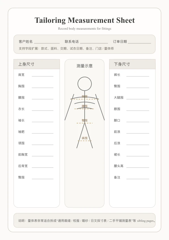 Free Tailoring Measurement Sheet Template - Upper/Lower Body Form