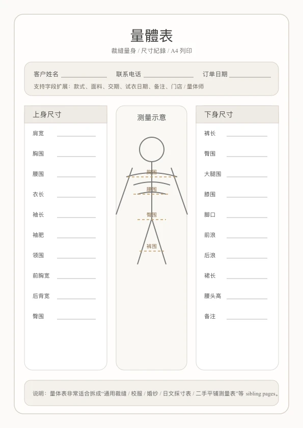 免費量體表範本 - 量身表上身下身分區記錄