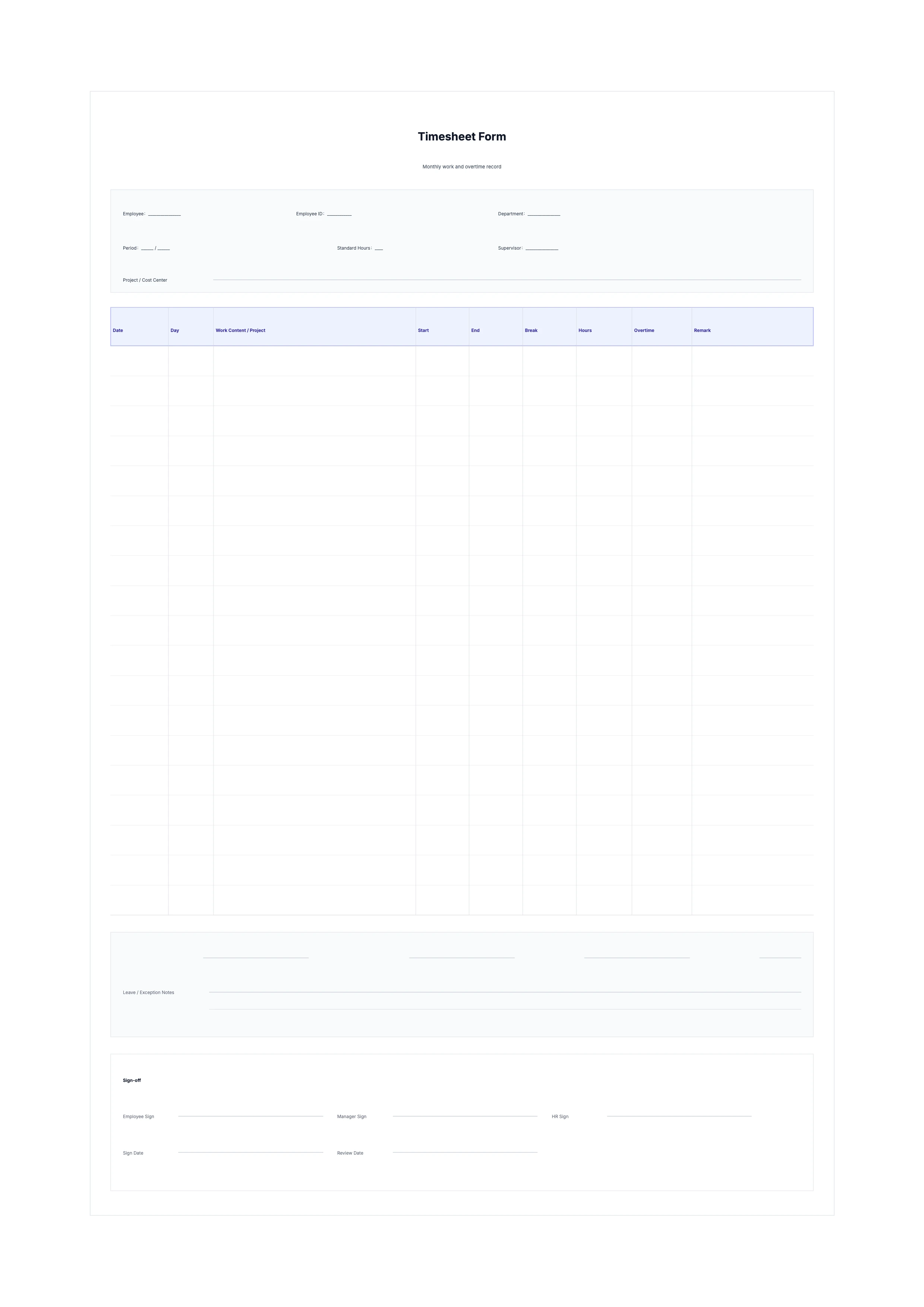 Free Timesheet Form Template - Monthly Work Hours and Overtime Log