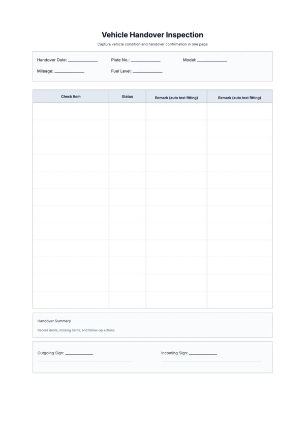 Free Vehicle Handover Inspection Template - Car Condition Checklist