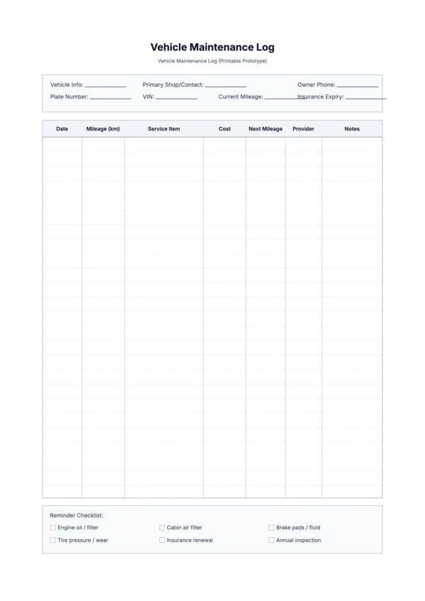 Free Vehicle Maintenance Log Template