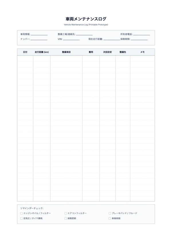 無料の車両メンテナンスログ テンプレート