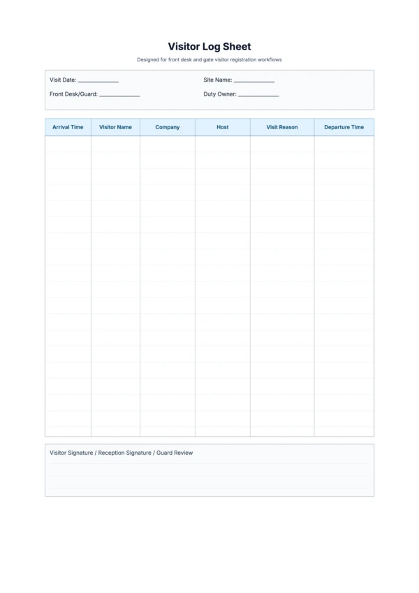 Free Visitor Log Sheet Template - Front Desk Sign-In Printable