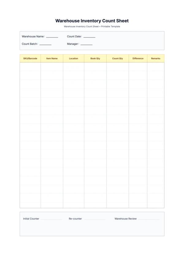 Free Warehouse Inventory Count Sheet Template (A4/Letter) - SKU Reconciliation