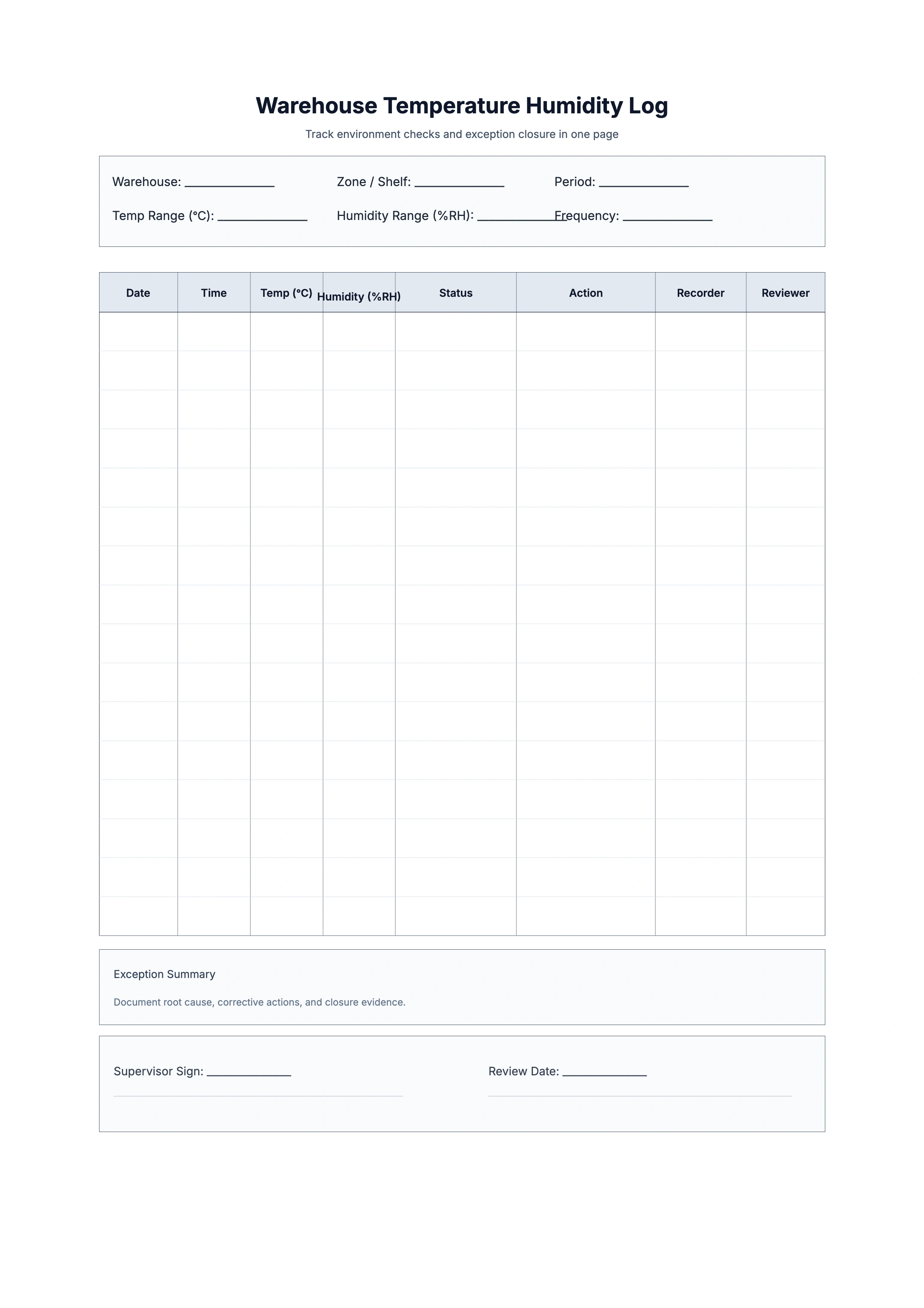 Free Warehouse Temperature Humidity Log Template - Environment Check Sheet