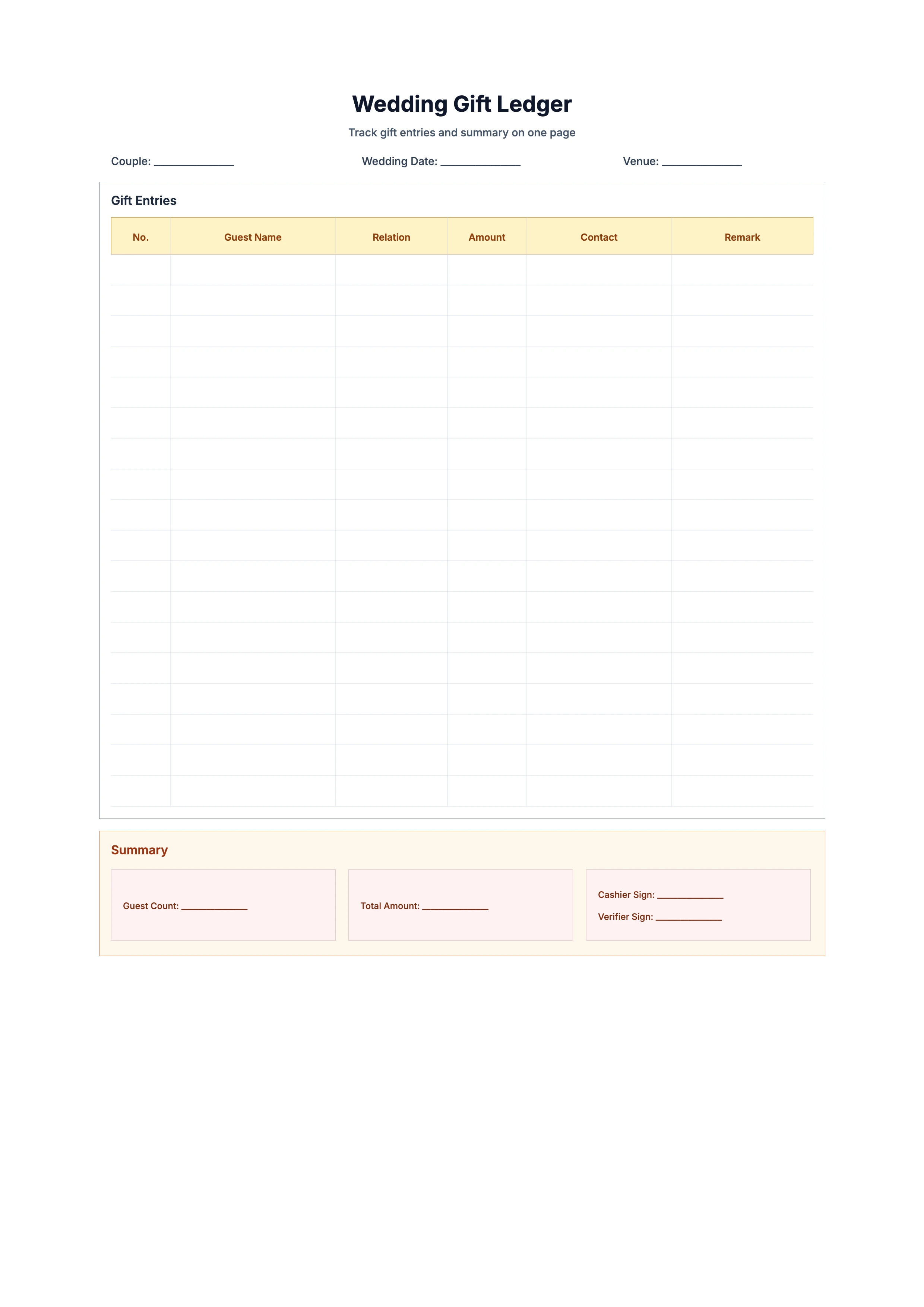 Free Wedding Gift Ledger Template - Entry and Summary Sheet