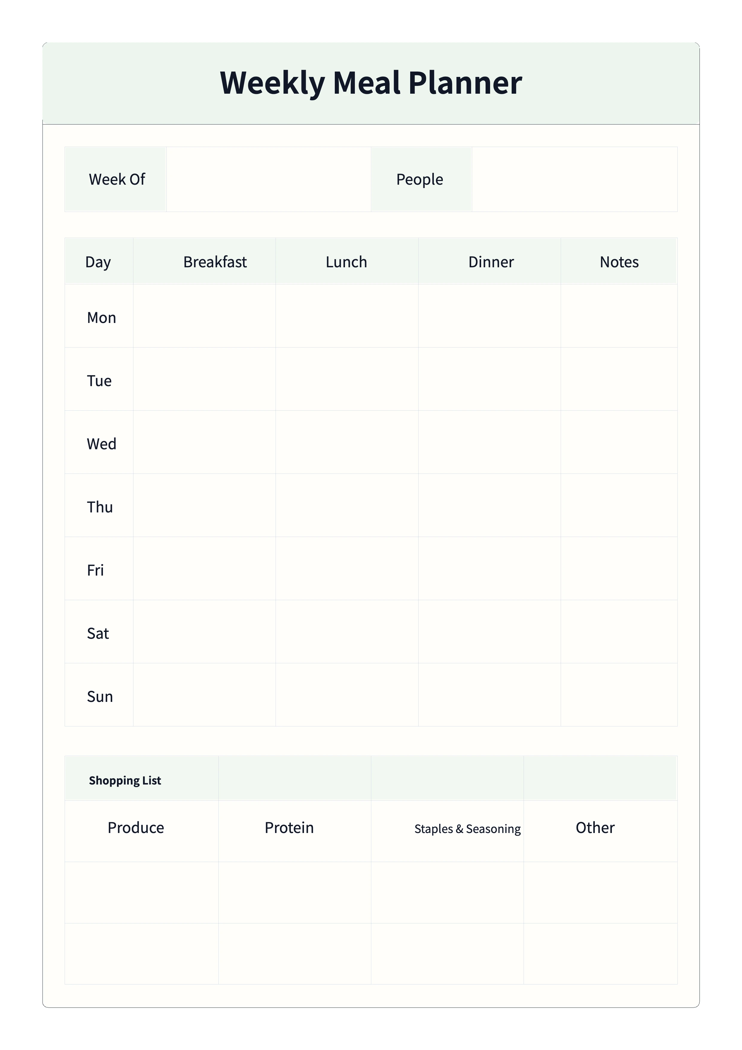 Free Weekly Meal Planner Template - 7-Day Meals and Grocery List