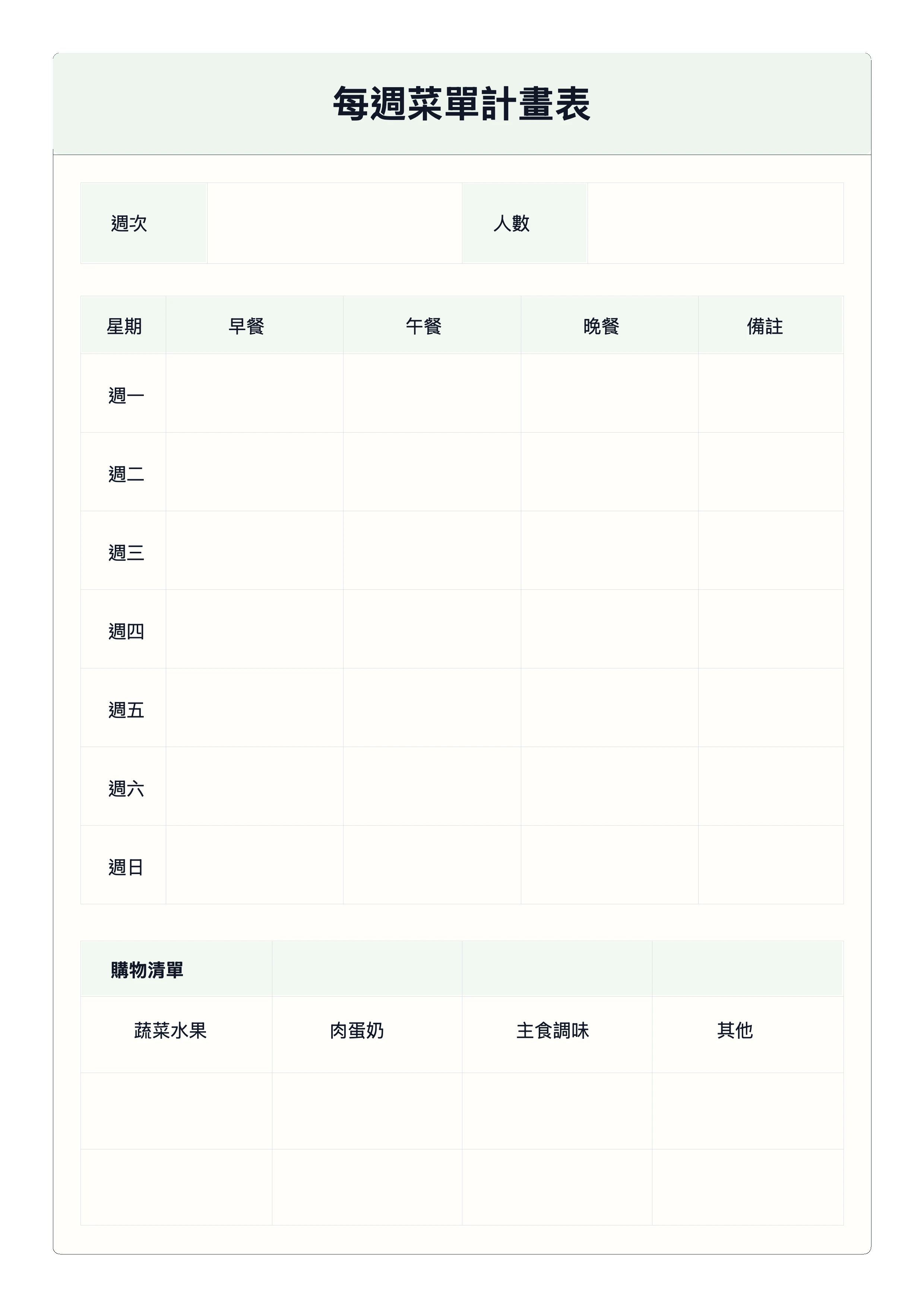 免費每週菜單計畫表範本 - 七天三餐與購物清單