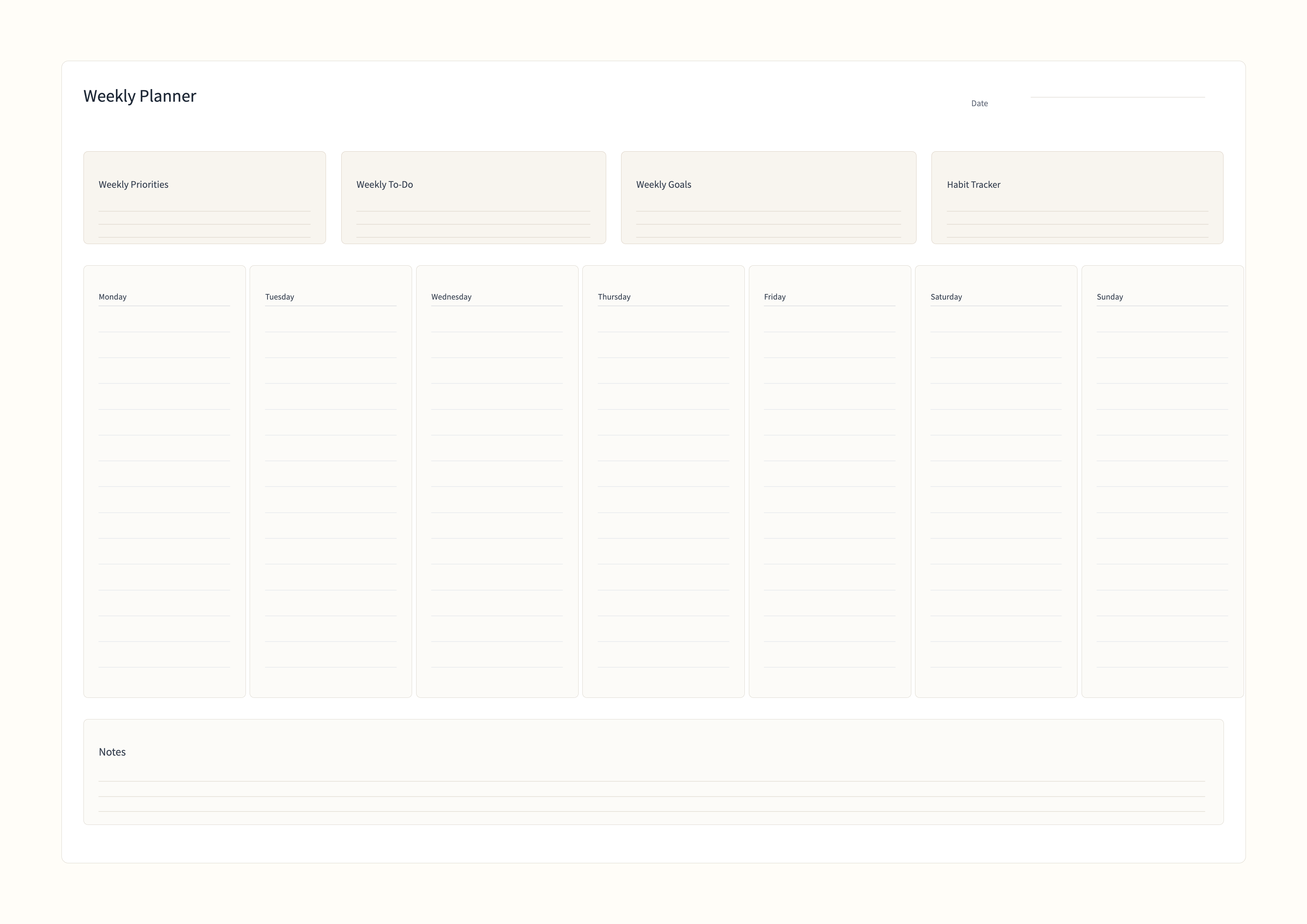 Free Weekly Planner Template - Priorities, To-Do, Habits, and Seven-Day Layout