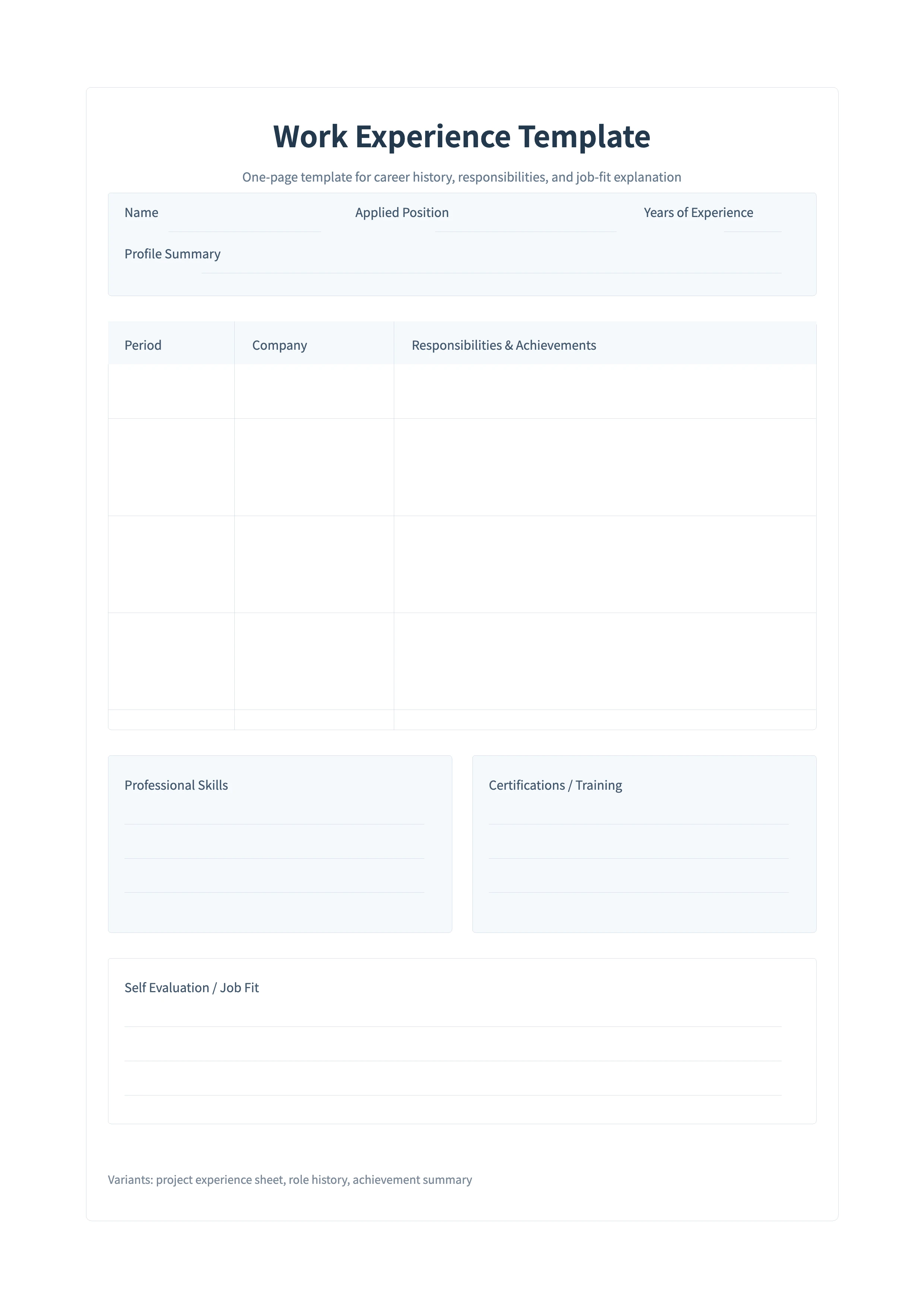 Free Work Experience Template - Career History Sheet